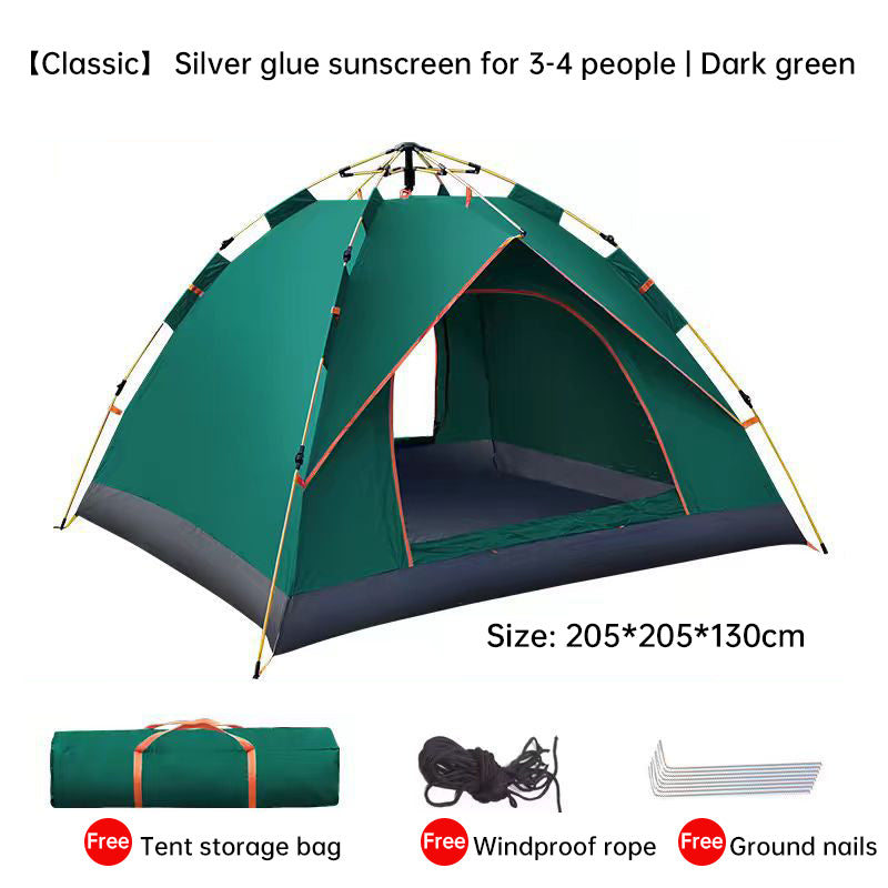 Quick-Deploy Green/White Outdoor Tent, Comfortably Accommodating 3-4 People on Camping Trips