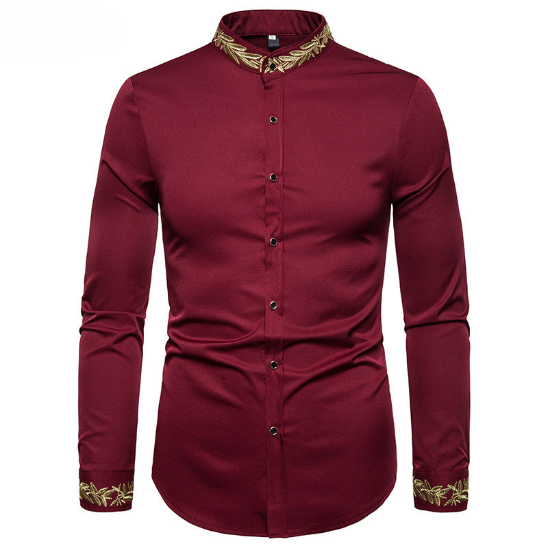 Gold Embroidery White Shirt Men Brand New Stand Collar Mens Dress Shirts Casual Slim Long Sleeve Chemise Homme Camisa Masculina