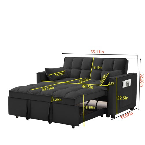 Modern Velvet Loveseat Futon Sofa Couch W  Pullout Bed,Small Love Seat Lounge Sofa W Reclining Backrest,Toss Pillows, Pockets,Furniture For Living Room,3 In 1 Convertible Sleeper Sofa Bed, Black