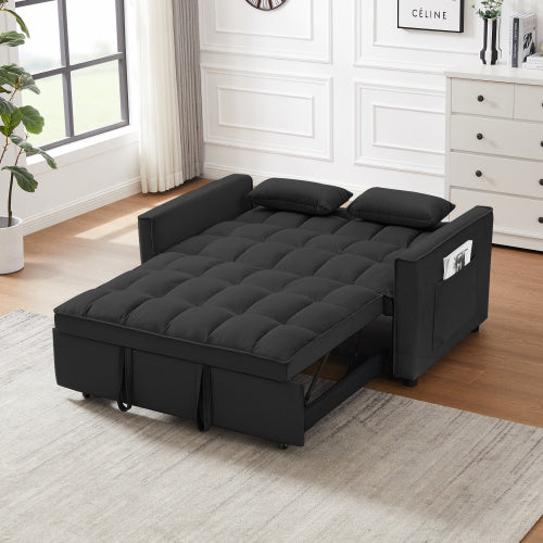 Modern Velvet Loveseat Futon Sofa Couch W  Pullout Bed,Small Love Seat Lounge Sofa W Reclining Backrest,Toss Pillows, Pockets,Furniture For Living Room,3 In 1 Convertible Sleeper Sofa Bed, Black