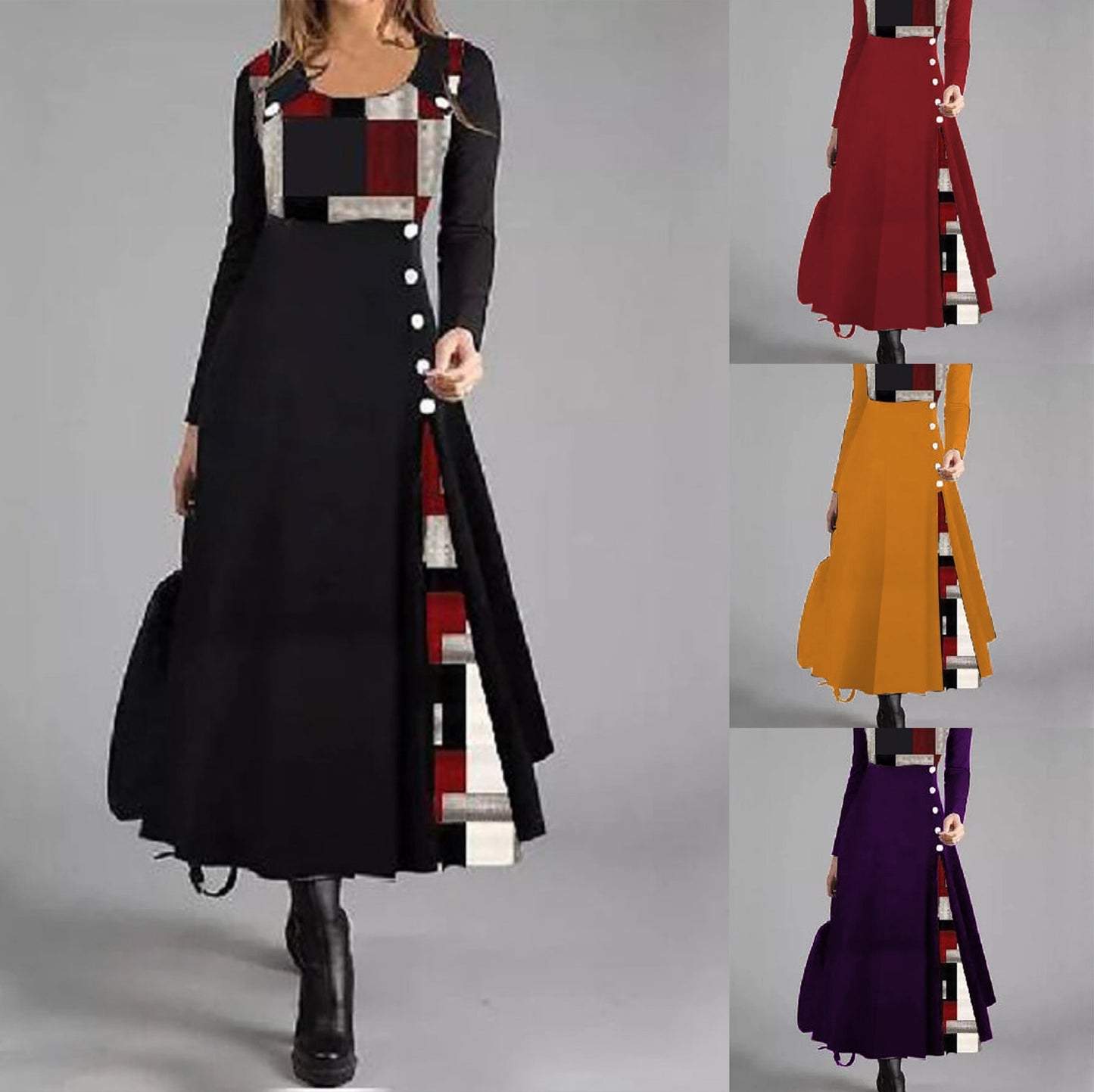 Women's Color Matching Button Round-neck Long-sleeved Dress