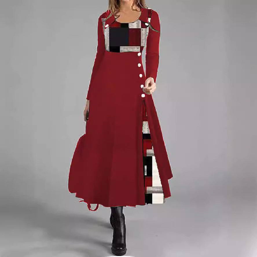 Women's Color Matching Button Round-neck Long-sleeved Dress