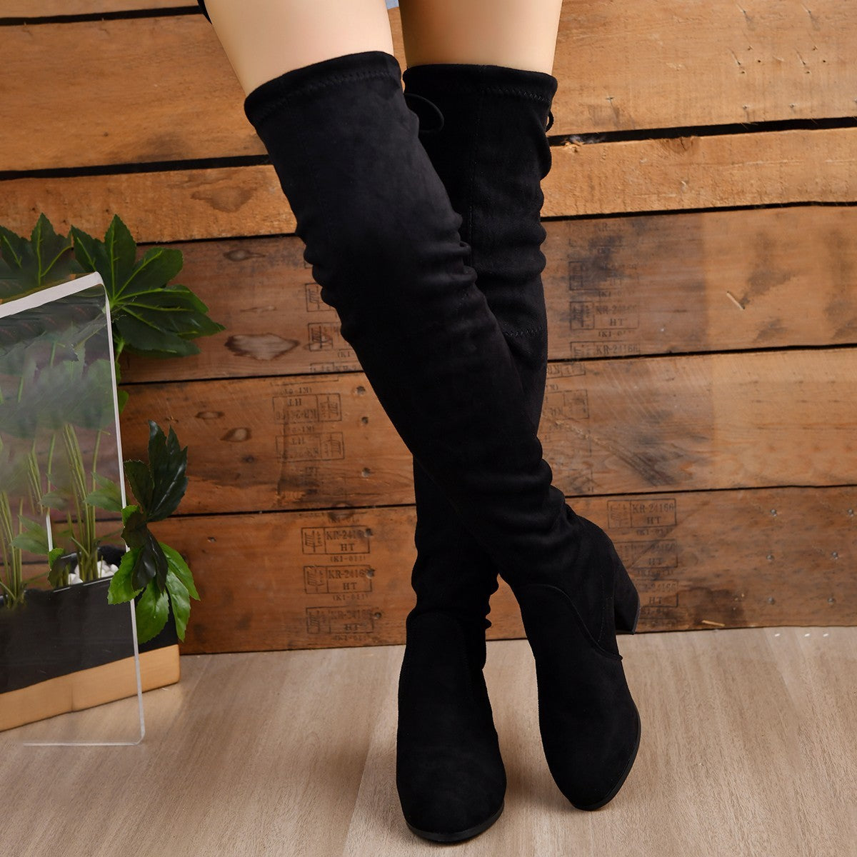 Below The Knee Plus Size Women's Slimming Elastic High Heel Ankle Boots