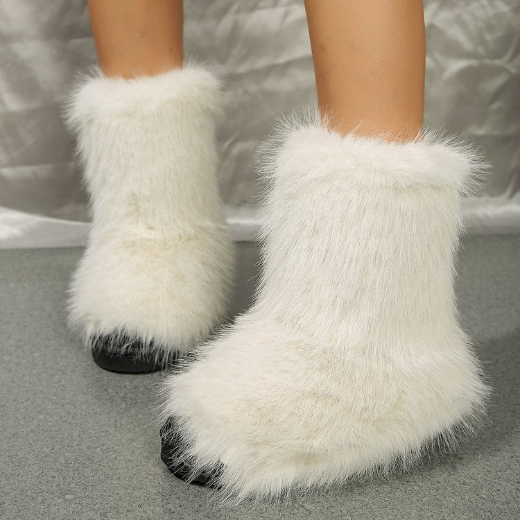 Fashion Long Plush Snow Boots Winter Warm Mid-tube Furry Cotton Shoes For Women Short Boot