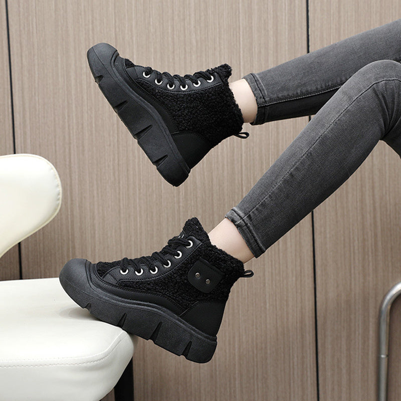 Lace-up High-top Flat Shoes For Women Winter Warm Cashmere Snow Boots Fashion Street Campus Students Height Increasing Shoes