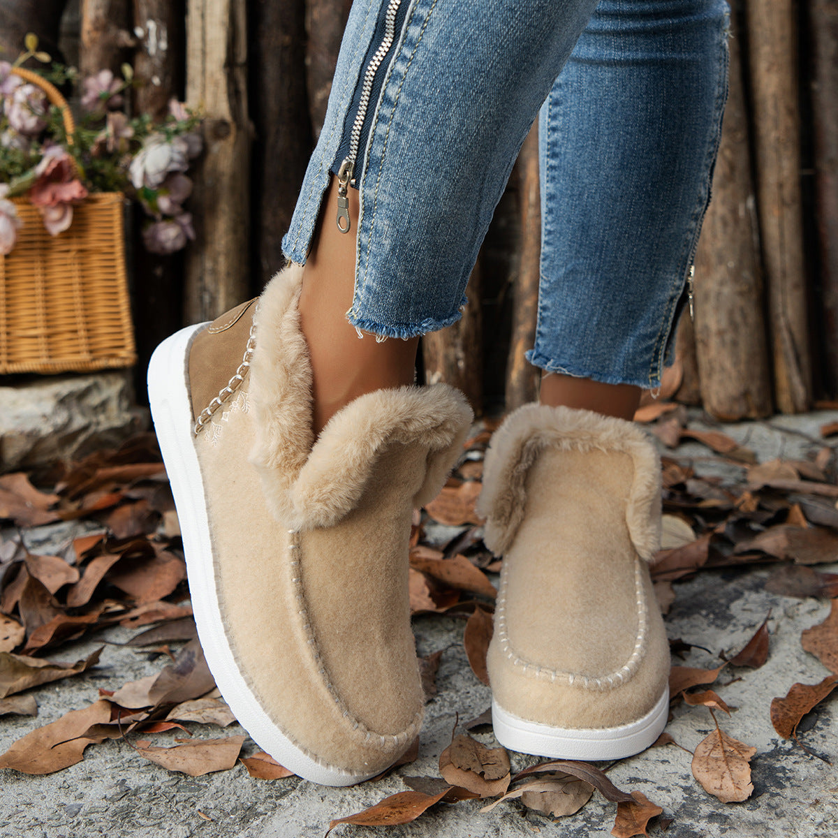 Plus Size Fleece-lined Thicker Raw Edge Warm Flat Bottom Cotton Shoes