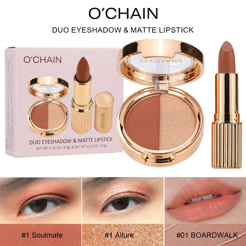 O'CHAINPearlescent two-color eyeshadow matte lipstick does not fade, non-sticky cup powdery delicate eyeshadow palette