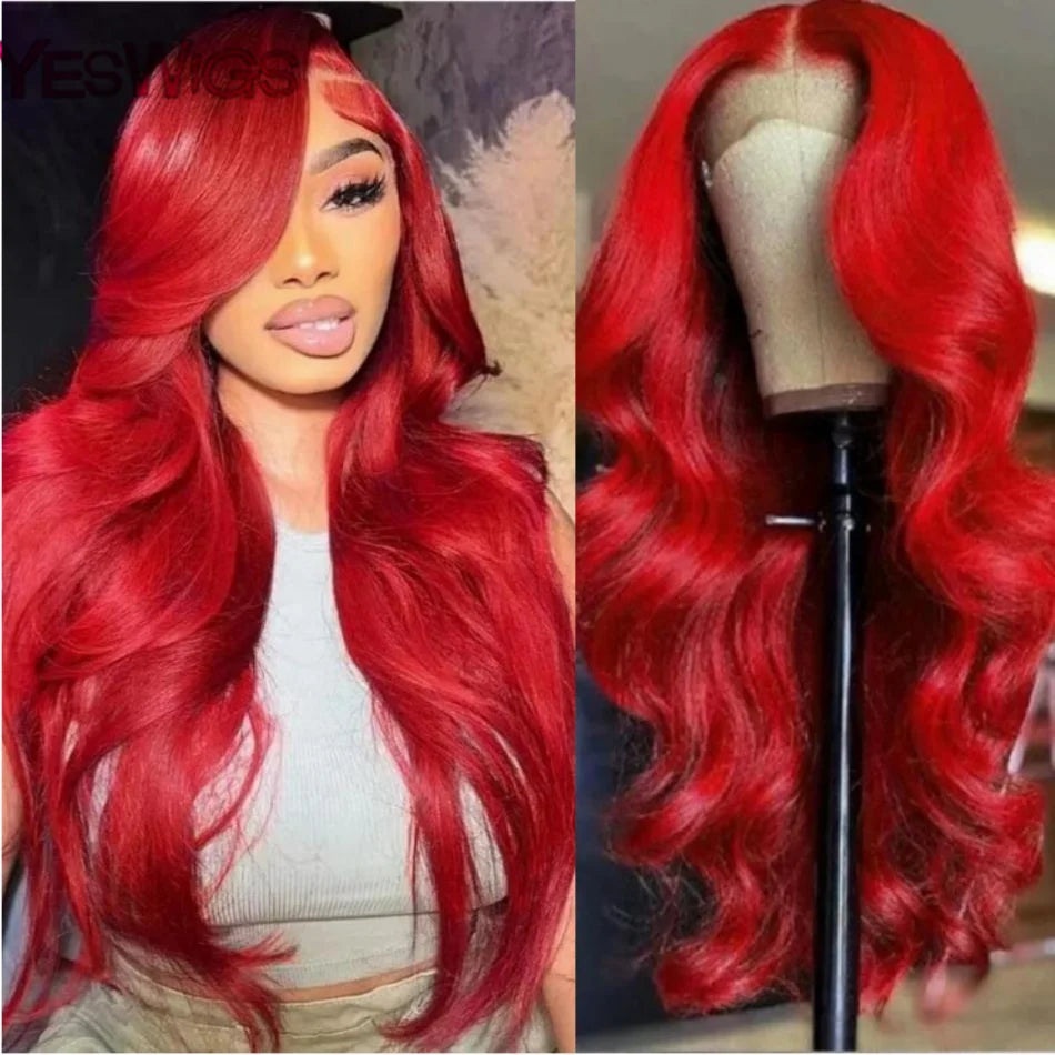 13x4 Sexy Red Lace Front Human Hair Wigs Body Wave Burgundy Red Colored Transparent Lace Front Wigs Human Hair Remy 180% Density