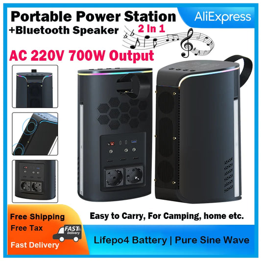 220V 700W Output Portable Power Bank and Bluetooth Speaker 2 in 1, Lifepo4 battery, Pure Sine Wave, Easy to carry