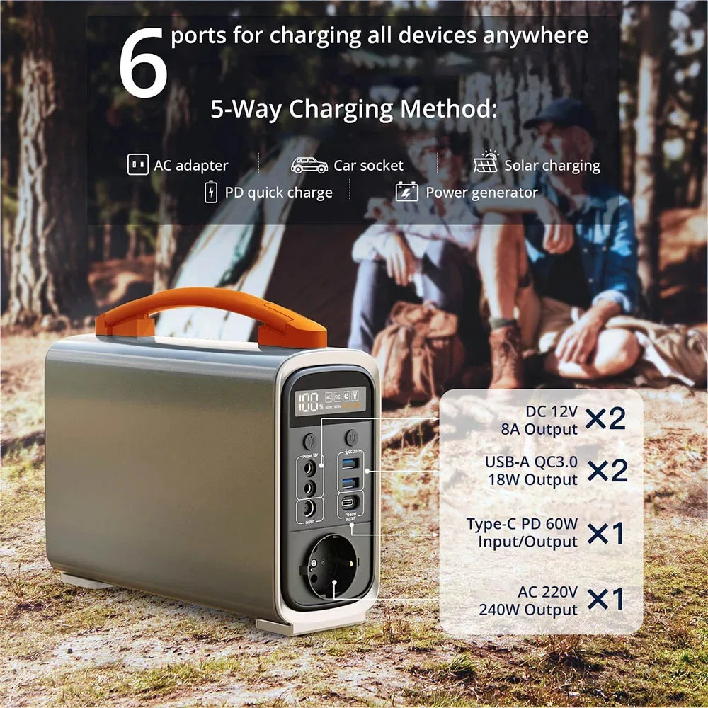 JustNow GT240 Pro 240W Portable Power Station, 320Wh LiFePO4 Battery Solar Generator, PD 60W Fast Charging, LED Light, 6 Outputs