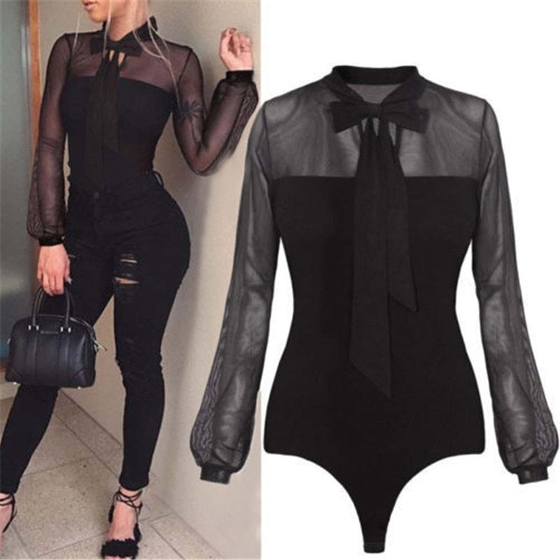 Summer Bodysuit Women Sexy Bow Black Mock Neck Patchwork Long Sleeve Bodysuit Transparent Tops