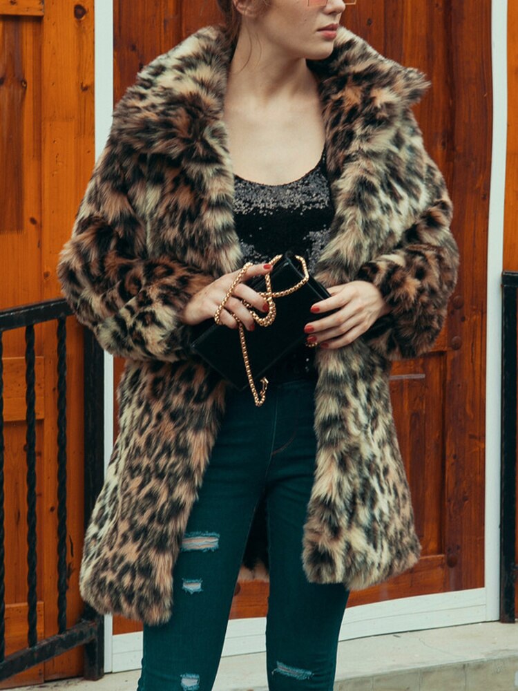 Leopard Print Faux Fur Coat Women 2022 Winter Long Sleeve Turn-down