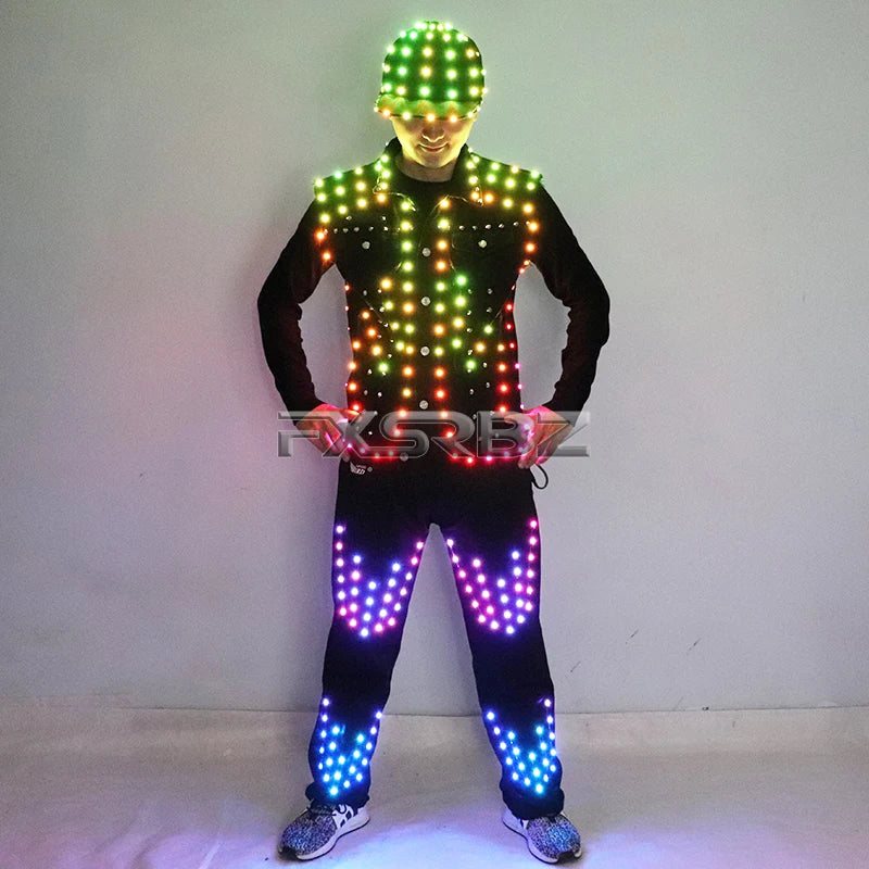 Full Color LED Costume Men's Bar Hosting Luminous Clothing Hat Pants Tron Suit Melbourne Shuffle Dance Light Up Jacket