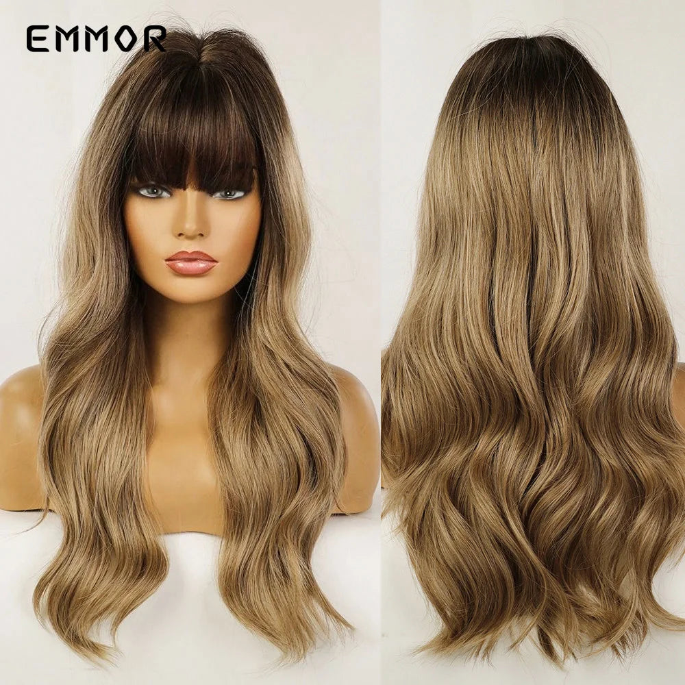 Emmor Synthetic Long Ombre Black to purple Wigs for Women with Bangs Long Wavy Wig Party Daily Heat Resistant Fibre Hair Wigs