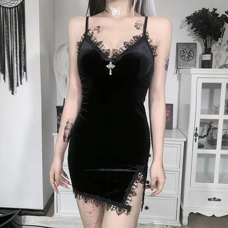 Dark Cross Black Mini Dress Vintage Sexy Spaghetti Strap High Waist