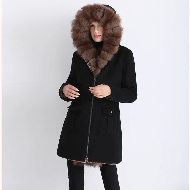 2021 new women's parka coat fox fur collar fur winter black thick warm winter women mid-length woolen coat