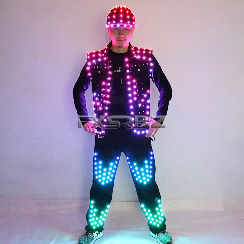 Full Color LED Costume Men's Bar Hosting Luminous Clothing Hat Pants Tron Suit Melbourne Shuffle Dance Light Up Jacket