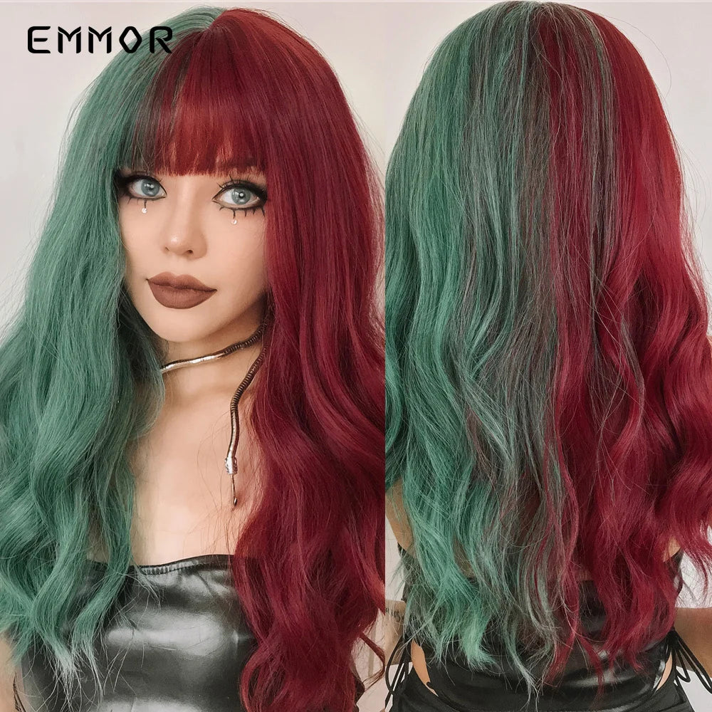 Emmor Synthetic Long Ombre Black to purple Wigs for Women with Bangs Long Wavy Wig Party Daily Heat Resistant Fibre Hair Wigs