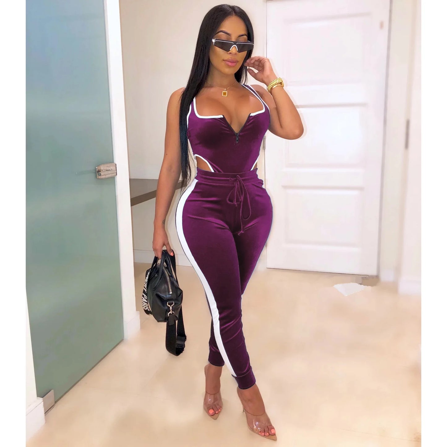 Sexy Two Piece Set Tracksuit Women Velvet Bodysuit Top and Pant Fall Winter Outfits Clothing 2 Piece Club Outfits Matching Sets