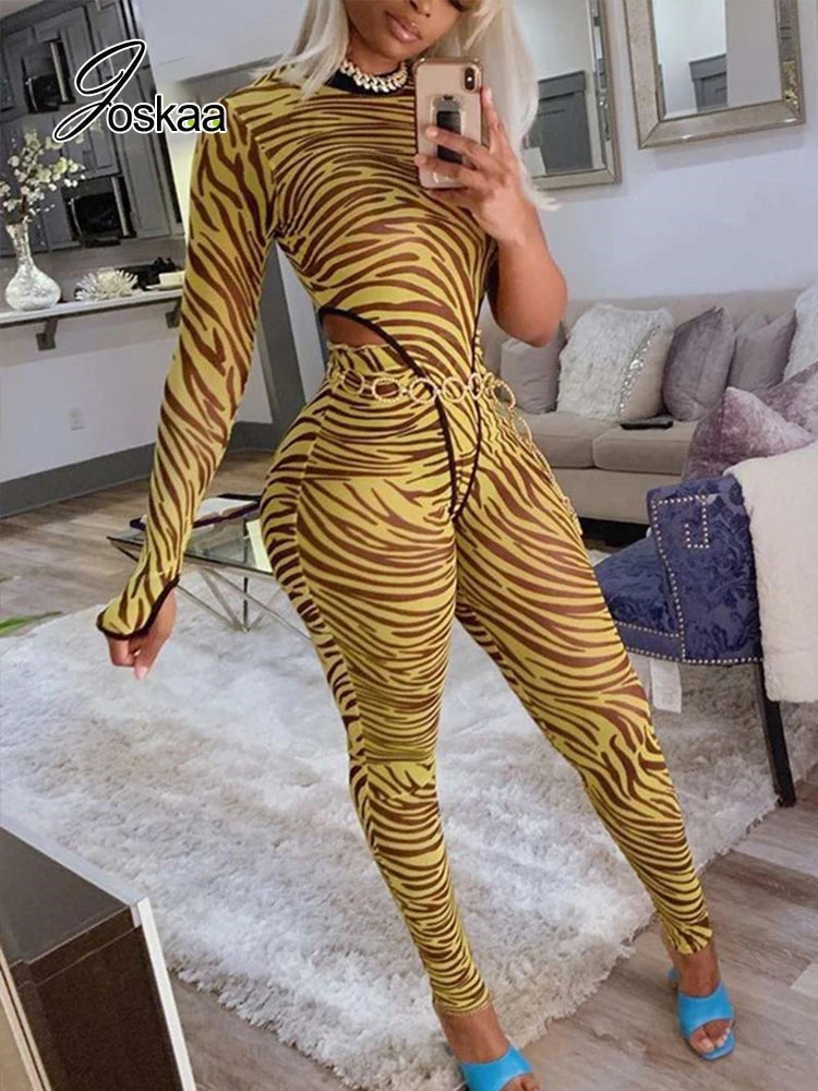 Joskaa Zebra Print Mesh Patchwork One shoulder Bodysuit + Long pants women 2 piece set Sexy See through Outwear Holiday Summer