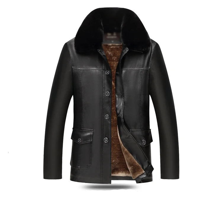 Idopy Men`s Winter Faux Leather Jacket Fleece Lined Plus Size M-4XL Warm Thicken Long Casual PU Jacket and Coat Fur Collar