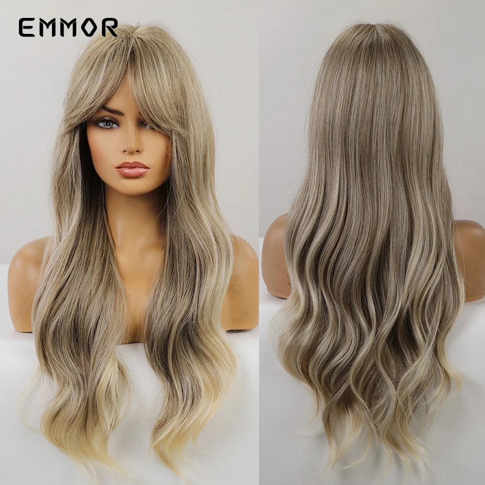 Emmor Synthetic Long Ombre Black to purple Wigs for Women with Bangs Long Wavy Wig Party Daily Heat Resistant Fibre Hair Wigs