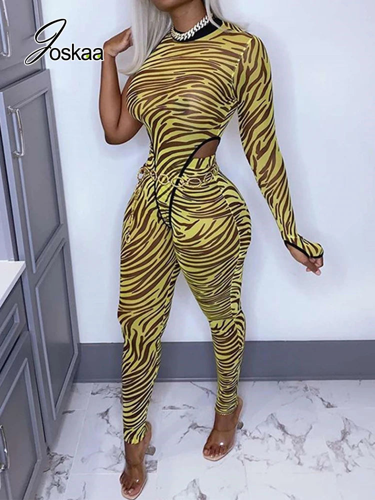 Joskaa Zebra Print Mesh Patchwork One shoulder Bodysuit + Long pants women 2 piece set Sexy See through Outwear Holiday Summer