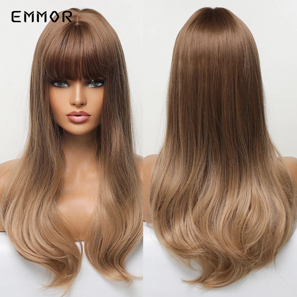 Emmor Synthetic Long Ombre Black to purple Wigs for Women with Bangs Long Wavy Wig Party Daily Heat Resistant Fibre Hair Wigs