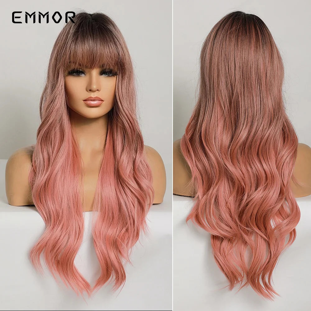 Emmor Synthetic Long Ombre Black to purple Wigs for Women with Bangs Long Wavy Wig Party Daily Heat Resistant Fibre Hair Wigs