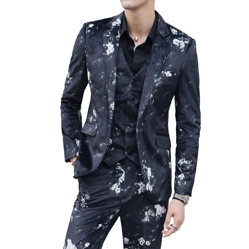 Spring three-piece Men Suits Jacket Vest Pant Fashion High Quality Suit Blazers and Trousers Floral Printed Asian size S-5XL