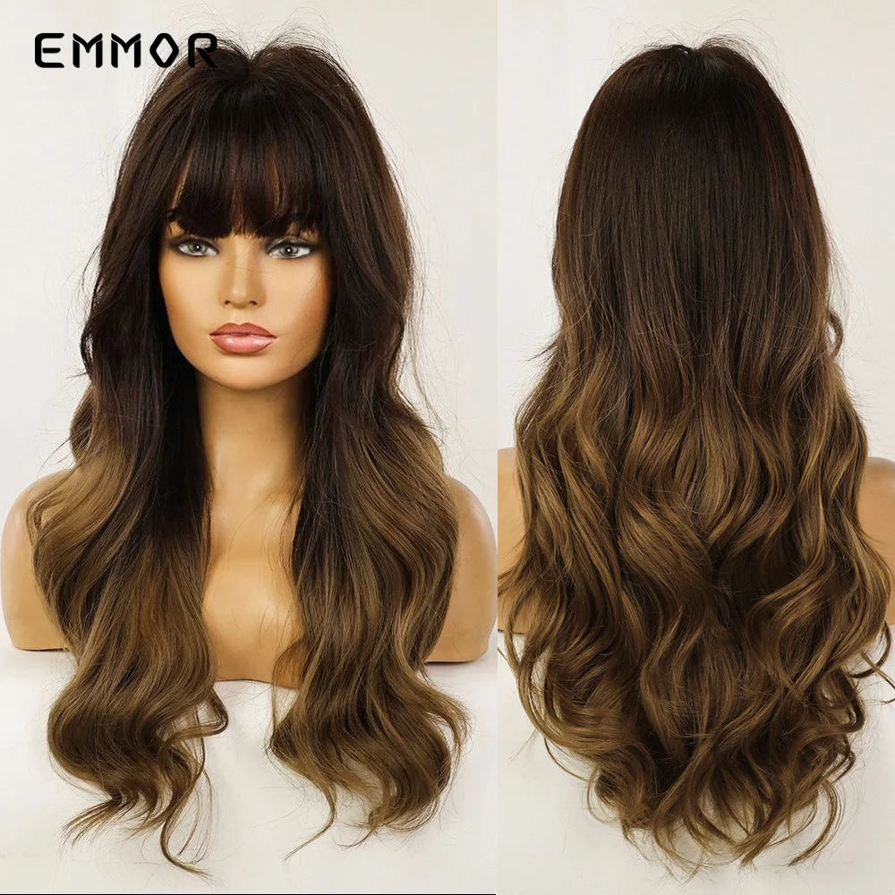 Emmor Synthetic Long Ombre Black to purple Wigs for Women with Bangs Long Wavy Wig Party Daily Heat Resistant Fibre Hair Wigs