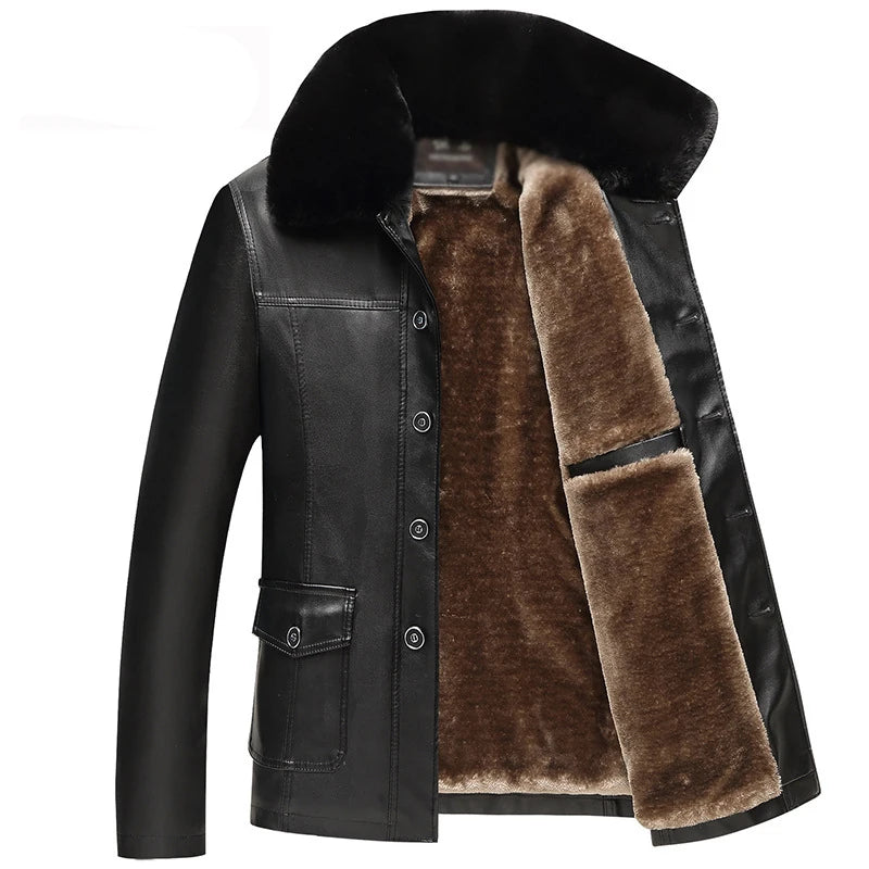 Idopy Men`s Winter Faux Leather Jacket Fleece Lined Plus Size M-4XL Warm Thicken Long Casual PU Jacket and Coat Fur Collar