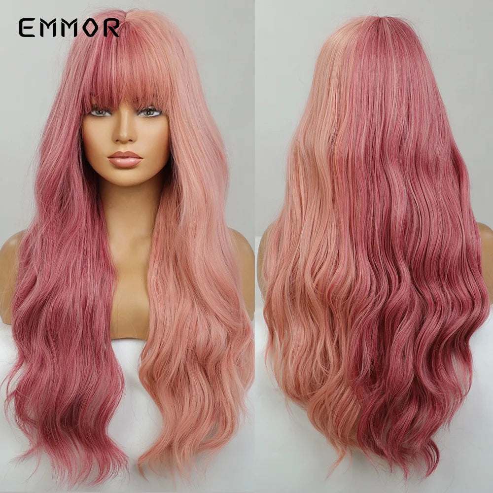 Emmor Synthetic Long Ombre Black to purple Wigs for Women with Bangs Long Wavy Wig Party Daily Heat Resistant Fibre Hair Wigs