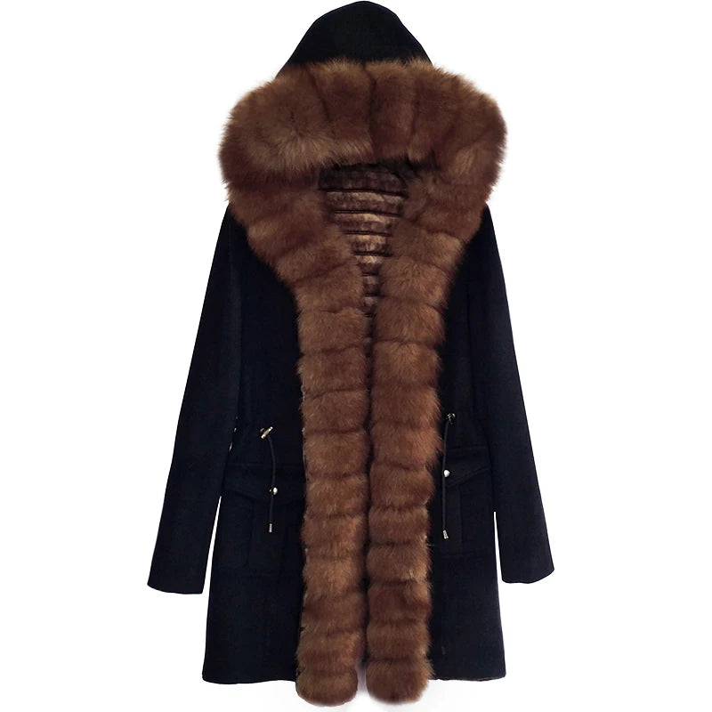 2021 new women's parka coat fox fur collar fur winter black thick warm winter women mid-length woolen coat