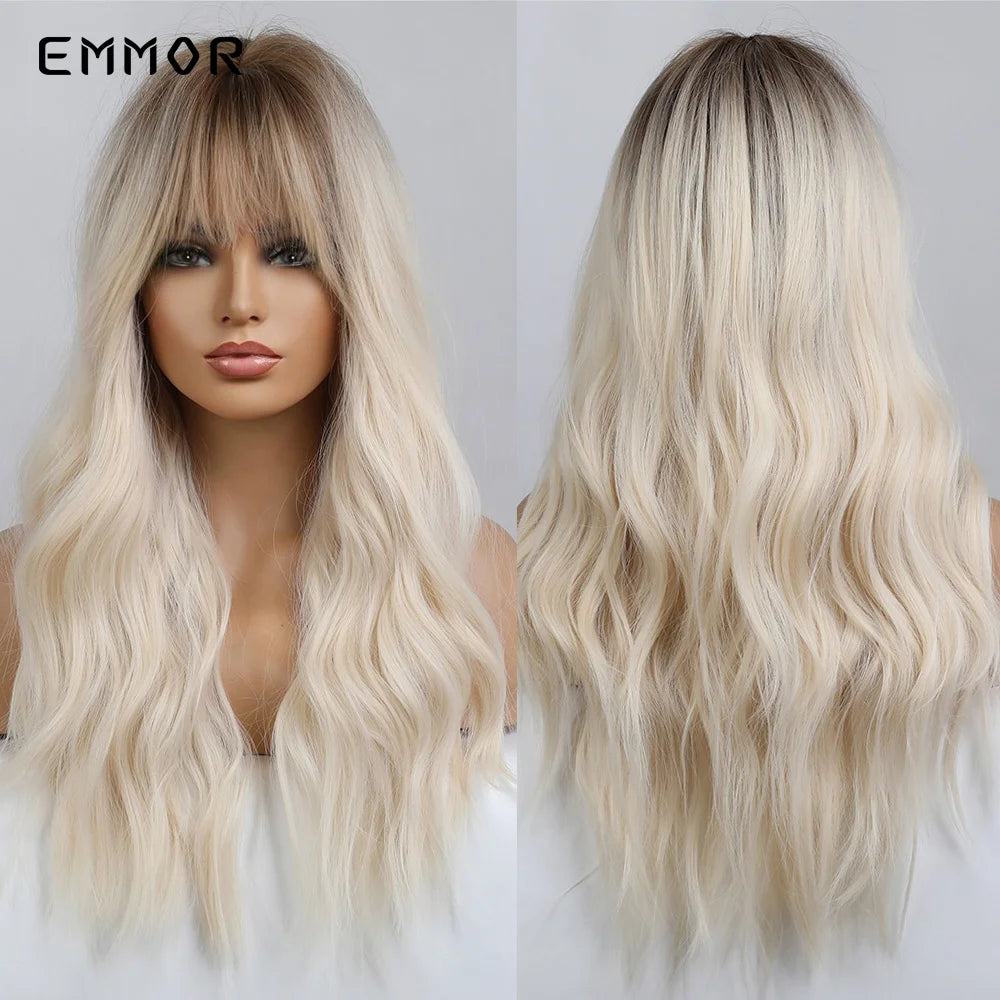 Emmor Synthetic Long Ombre Black to purple Wigs for Women with Bangs Long Wavy Wig Party Daily Heat Resistant Fibre Hair Wigs