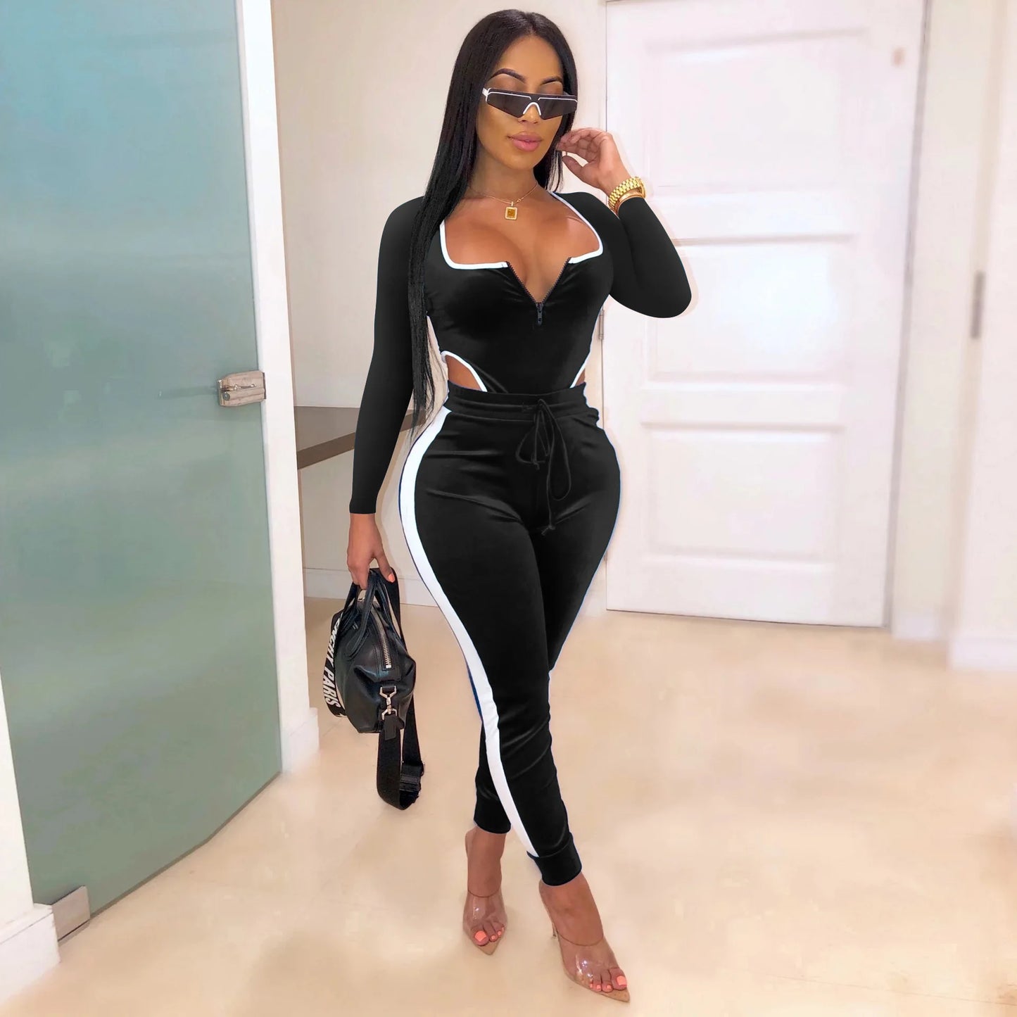 Sexy Two Piece Set Tracksuit Women Velvet Bodysuit Top and Pant Fall Winter Outfits Clothing 2 Piece Club Outfits Matching Sets