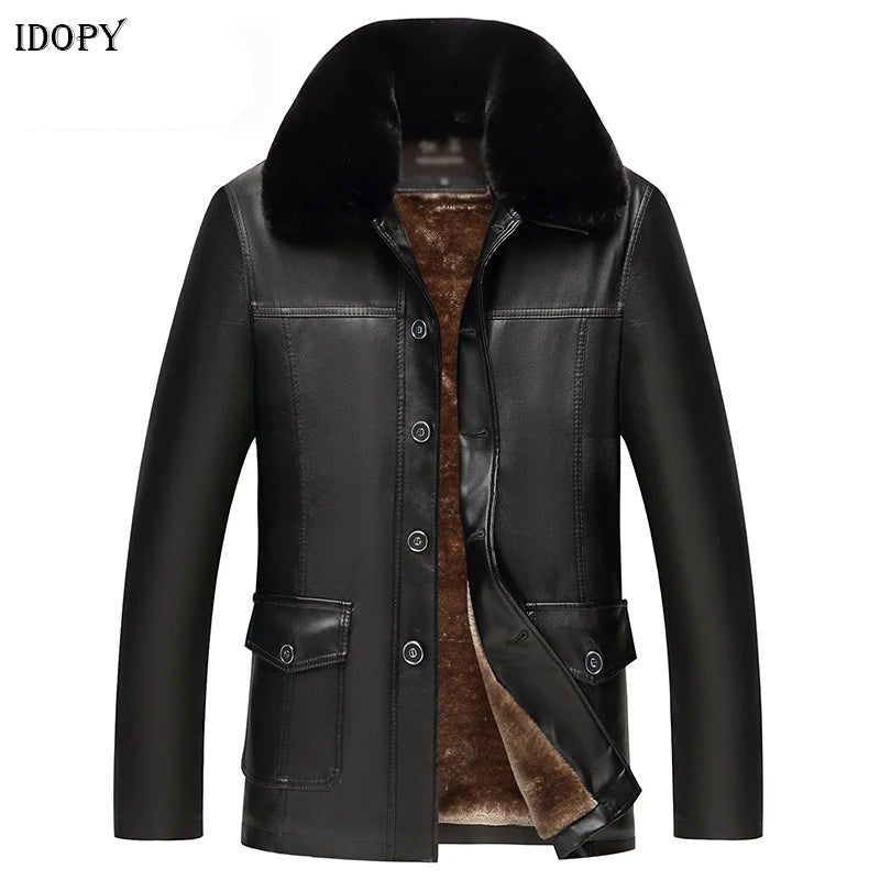 Idopy Men`s Winter Faux Leather Jacket Fleece Lined Plus Size M-4XL Warm Thicken Long Casual PU Jacket and Coat Fur Collar