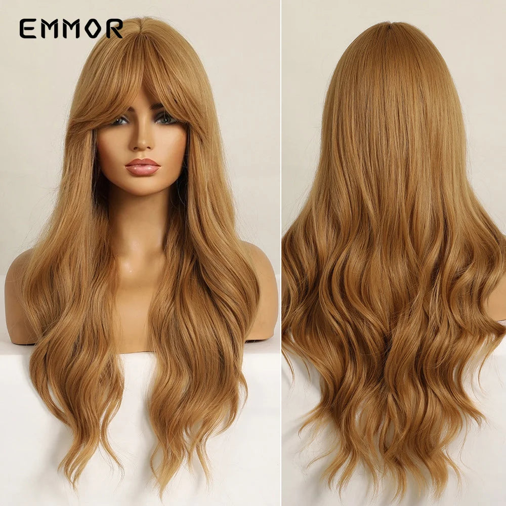 Emmor Synthetic Long Ombre Black to purple Wigs for Women with Bangs Long Wavy Wig Party Daily Heat Resistant Fibre Hair Wigs