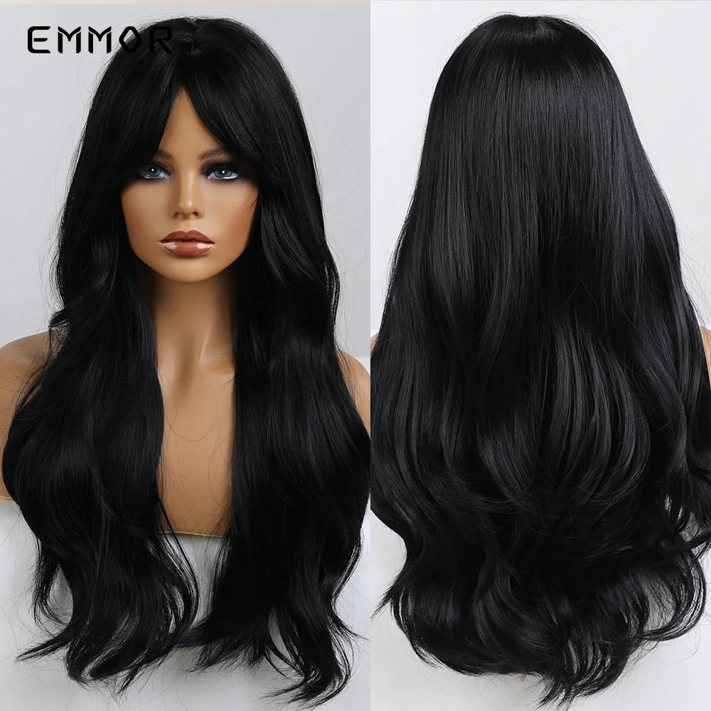 Emmor Synthetic Long Ombre Black to purple Wigs for Women with Bangs Long Wavy Wig Party Daily Heat Resistant Fibre Hair Wigs