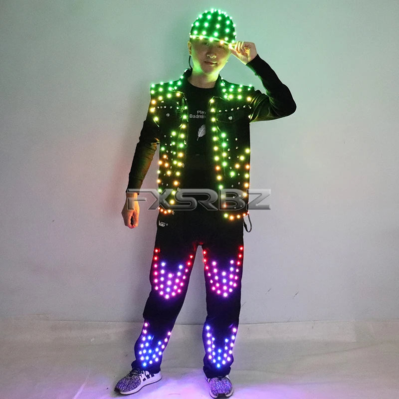 Full Color LED Costume Men's Bar Hosting Luminous Clothing Hat Pants Tron Suit Melbourne Shuffle Dance Light Up Jacket