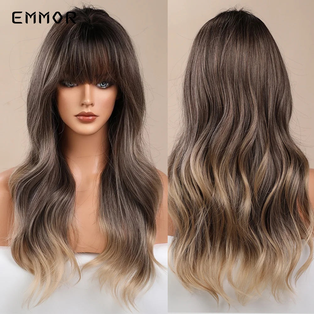 Emmor Synthetic Long Ombre Black to purple Wigs for Women with Bangs Long Wavy Wig Party Daily Heat Resistant Fibre Hair Wigs