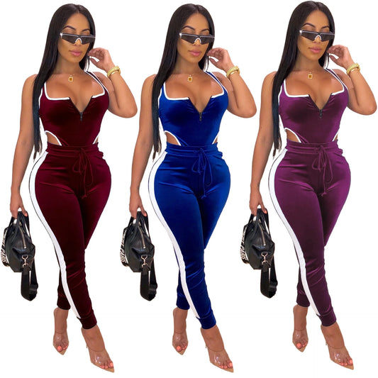 Sexy Two Piece Set Tracksuit Women Velvet Bodysuit Top and Pant Fall Winter Outfits Clothing 2 Piece Club Outfits Matching Sets