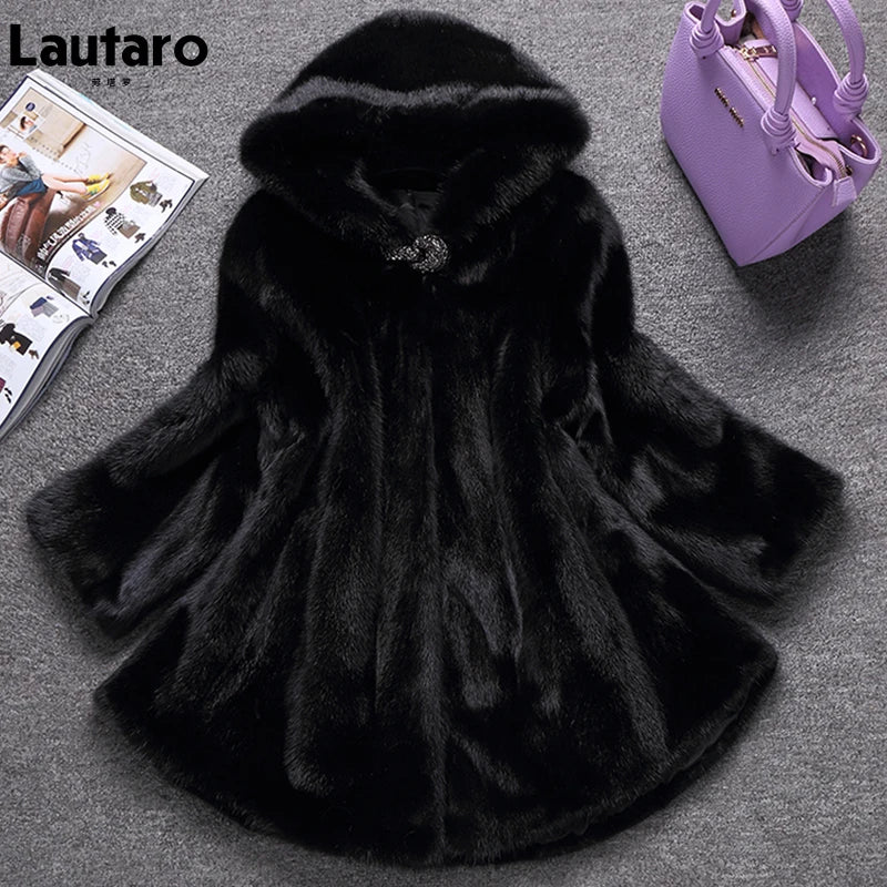 Lautaro Winter Black Warm Thick Hairy Soft Faux Mink Fur Coat Women