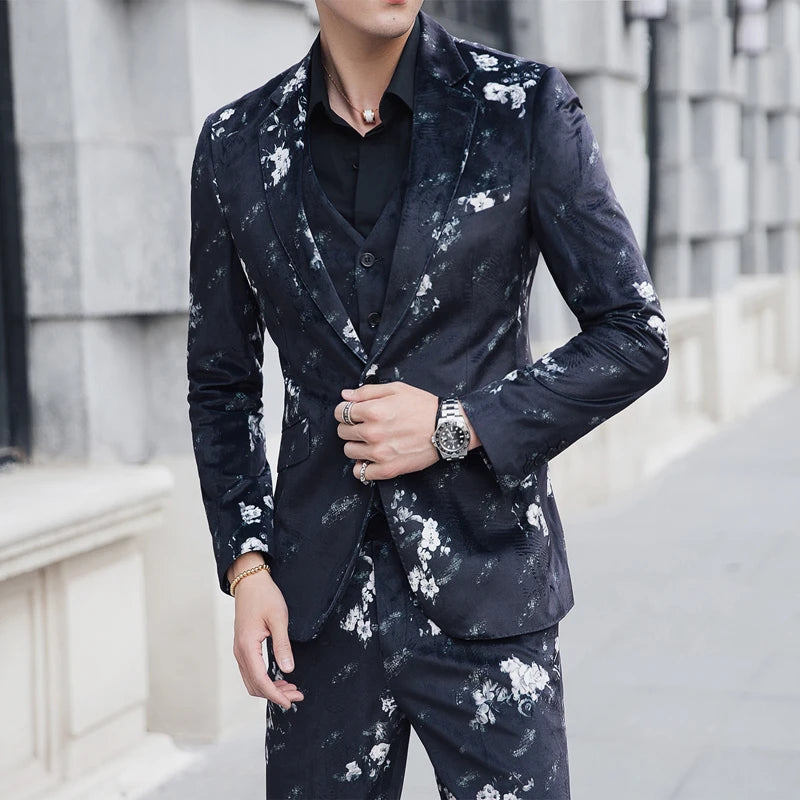 Spring three-piece Men Suits Jacket Vest Pant Fashion High Quality Suit Blazers and Trousers Floral Printed Asian size S-5XL