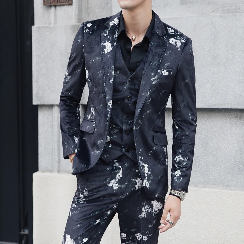 Spring three-piece Men Suits Jacket Vest Pant Fashion High Quality Suit Blazers and Trousers Floral Printed Asian size S-5XL