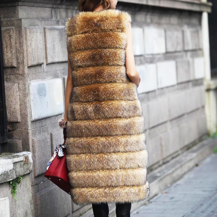 S-4XL Autumn and winter new fashion brand long faux fox fur vest Europe style Slim fake fur long coat fox fur coat J21