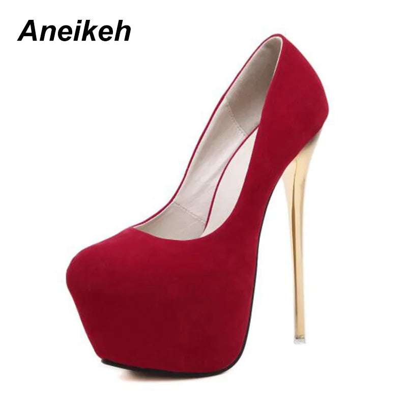 Aneikeh Big Size 41 42 43 44 45 Sexy Pumps Wedding Women Fetish Shoes Concise Woman Pumps High Heel Stripper Flock Pumps 16 cm