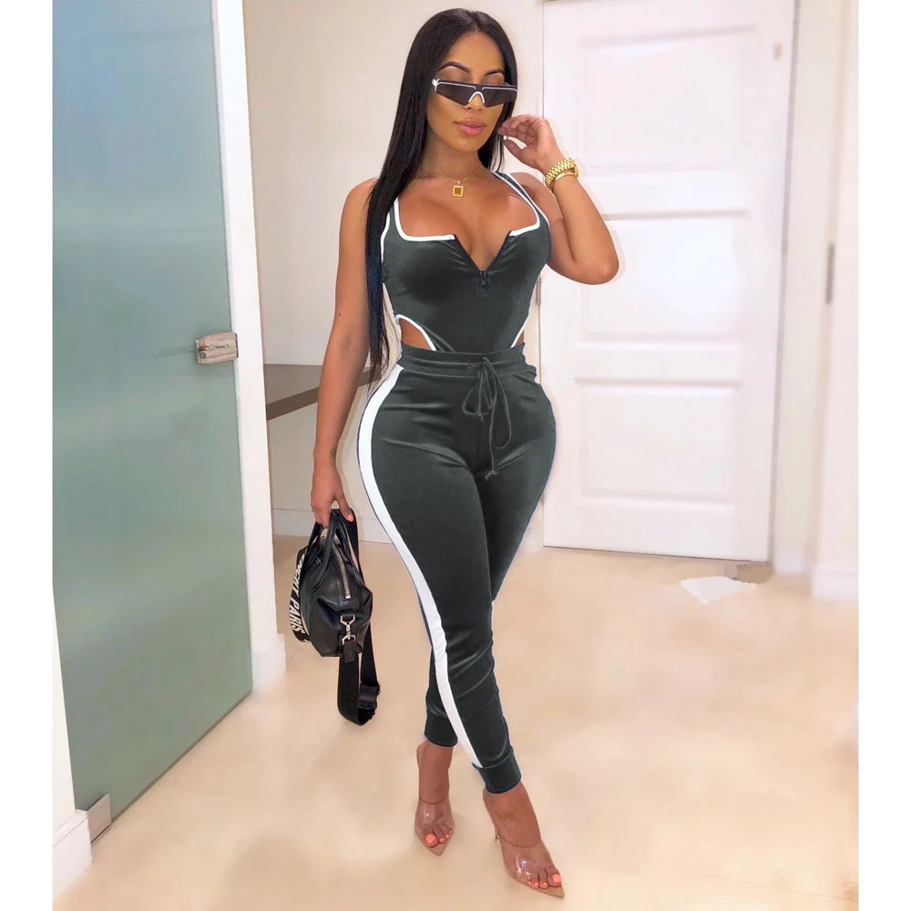 Sexy Two Piece Set Tracksuit Women Velvet Bodysuit Top and Pant Fall Winter Outfits Clothing 2 Piece Club Outfits Matching Sets