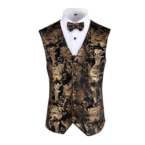 Gold Steampunk Sleeveless Vest Coat Men's, Single Breasted V Neck