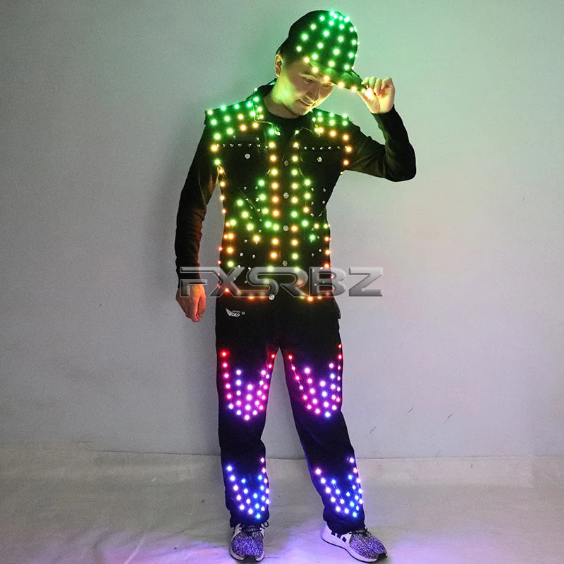 Full Color LED Costume Men's Bar Hosting Luminous Clothing Hat Pants Tron Suit Melbourne Shuffle Dance Light Up Jacket